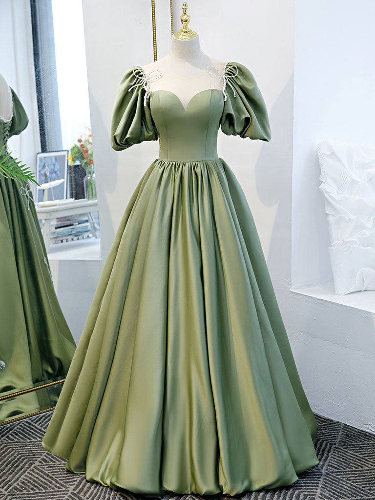 Simple green satin long prom dress ...